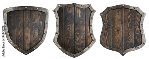 Wooden medieval heraldic shields set isolated 3d illustration