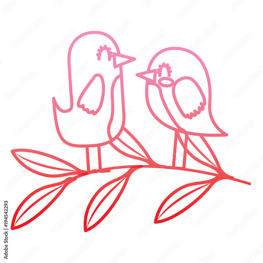 cute couple birds together in tree branch vector illustration degrade color line