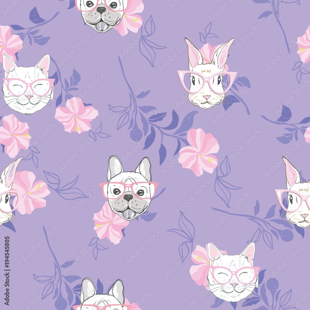 Funny girlish seamless pattern with cute kitty, dog, rabbit, faces.