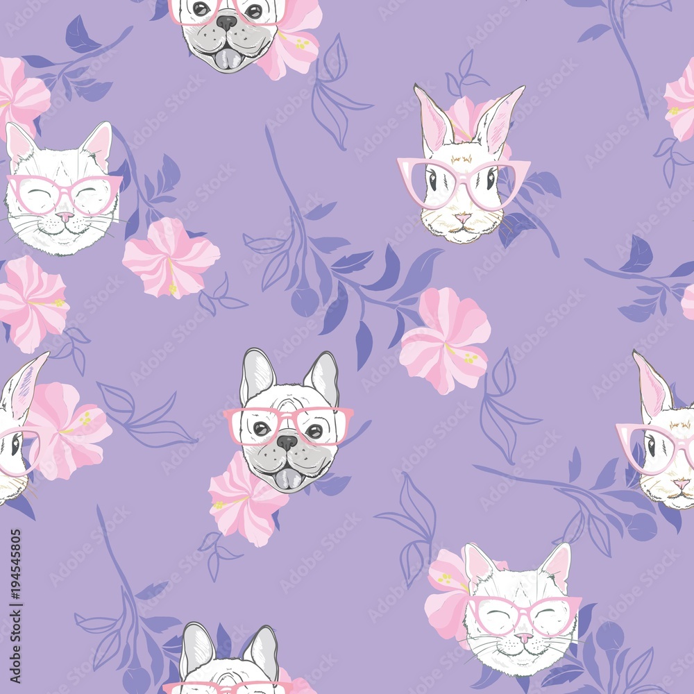 Funny girlish seamless pattern with cute kitty, dog, rabbit, faces. Funny girlish seamless pattern with cute kitty, dog, rabbit, faces.