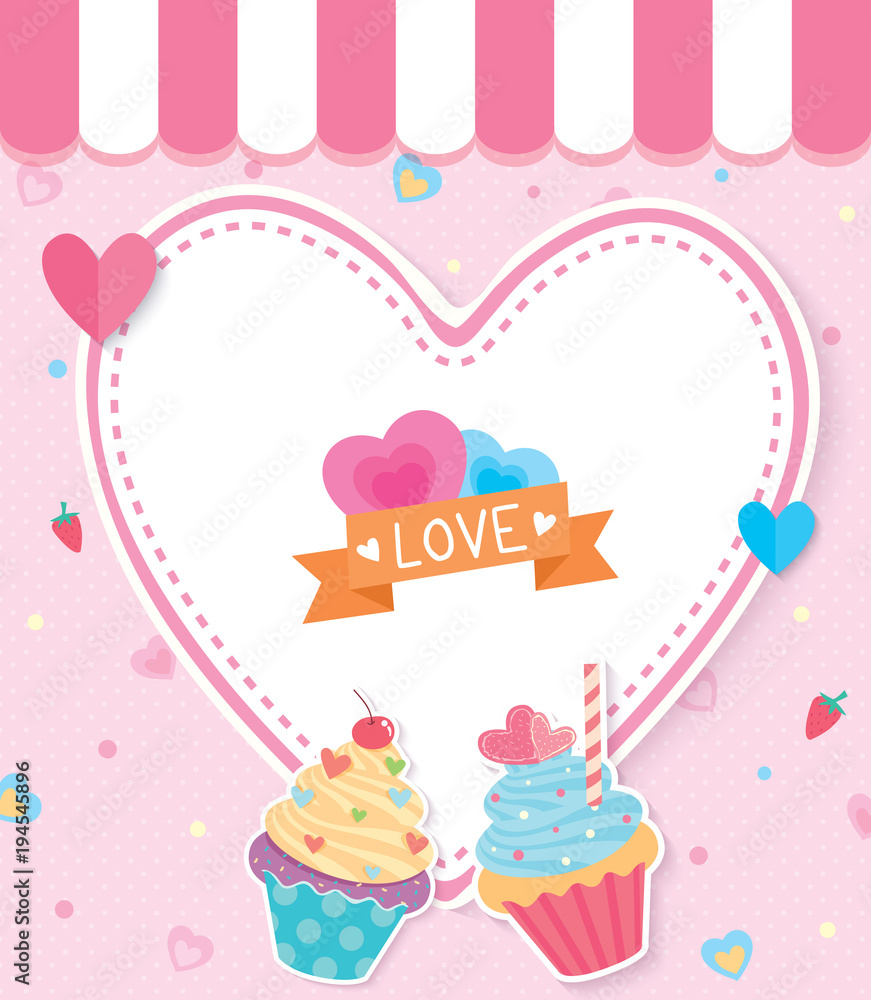 Illustration vector of Valentine's card design with cupcakes and heart shape on pink background. Illustration vector of Valentine's card design with cupcakes and heart shape on pink background.