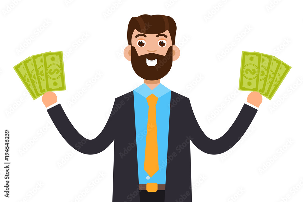 Man with dollar cash banknote, employee receiving a money. Vector illustration. Man with dollar cash banknote, employee receiving a money. Vector illustration.