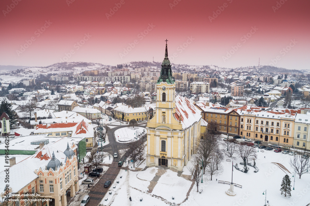 Fototapeta premium Bird eye view of Szekszard at winter