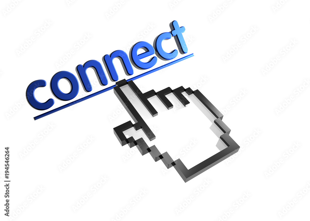 Connect. Stylized hand pointer on link. 3D render. Isolated on white. Connect. Stylized hand pointer on link. 3D render. Isolated on white.