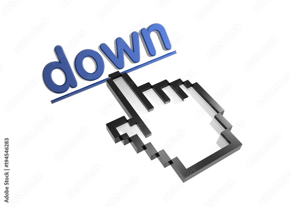 Down. Stylized hand pointer on link. 3D render. Isolated on white. Down. Stylized hand pointer on link. 3D render. Isolated on white.