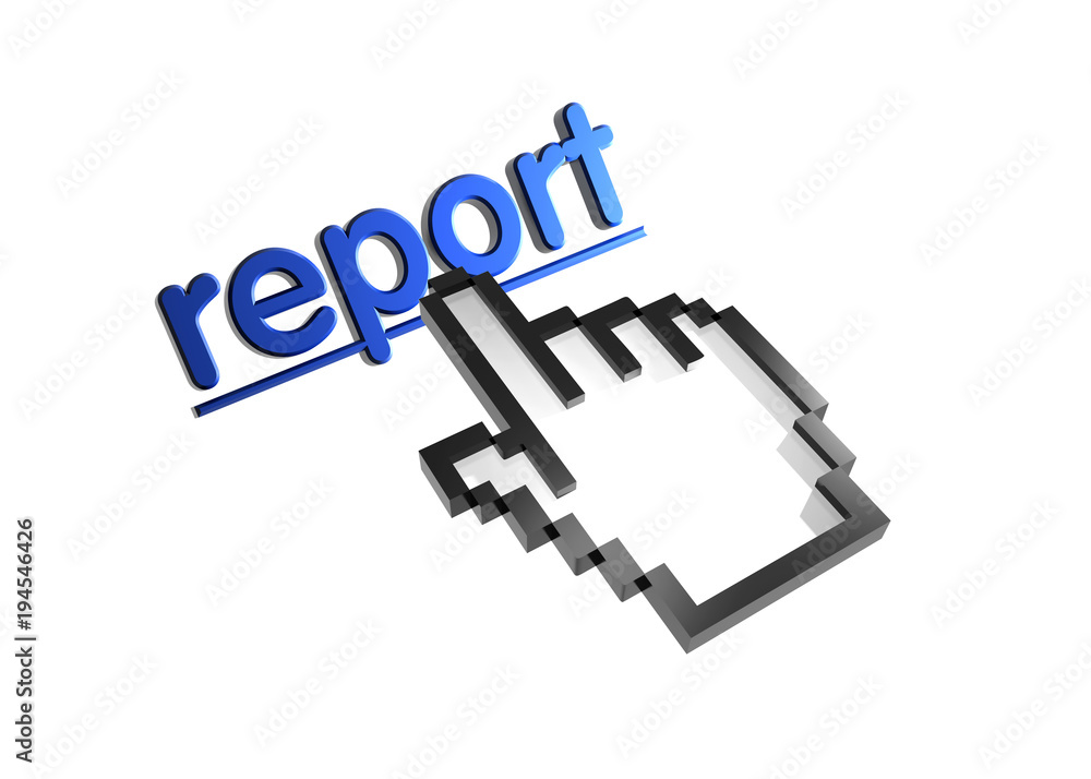 Report. Stylized hand pointer on link. 3D render. Isolated on white. Report. Stylized hand pointer on link. 3D render. Isolated on white.