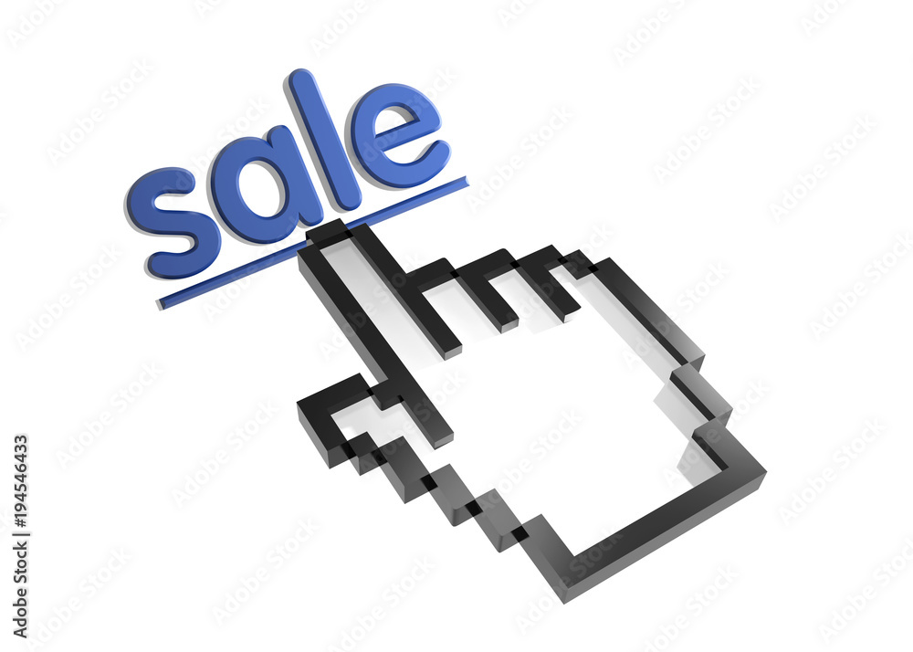 Sale. Stylized hand pointer on link. 3D render. Isolated on white. Sale. Stylized hand pointer on link. 3D render. Isolated on white.