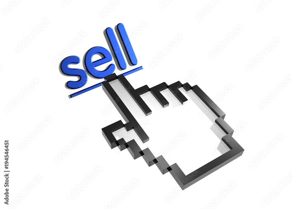 Sell. Stylized hand pointer on link. 3D render. Isolated on white. Sell. Stylized hand pointer on link. 3D render. Isolated on white.