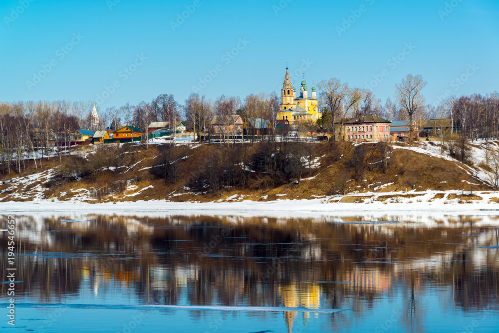 Spaso-Archangel Church in city of Tutaev, Russia. golden tourist ring