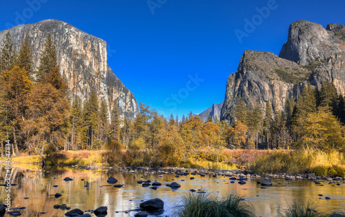 Merced River Meadow in front of El Capitan in Yosemite National Park at Sunset