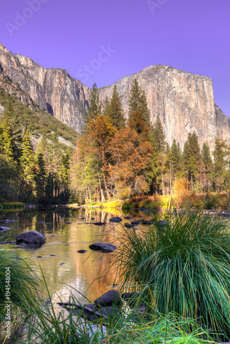 Merced River Meadow in front of El Capitan in Yosemite National Park at Sunset