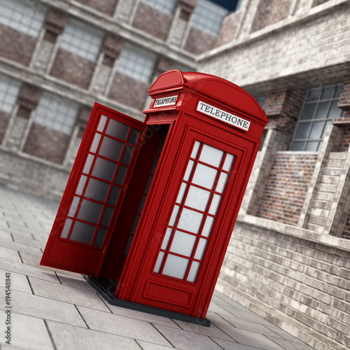 Red British phone booth in the street. 3D illustration