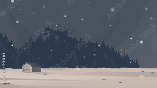 Small house in the forest with falling snow landscape, dark tone