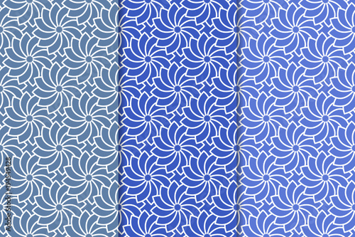 Set of floral ornaments. Vertical blue seamless patterns