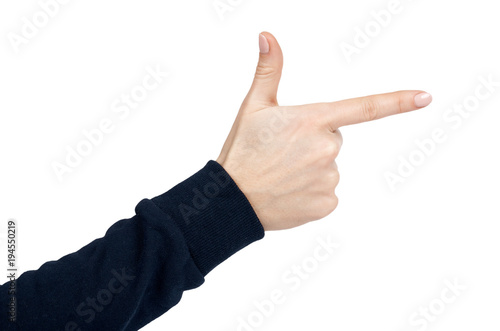 Female hand shows shooting gesture and sign. Isolated on white background. Dark blue pullover