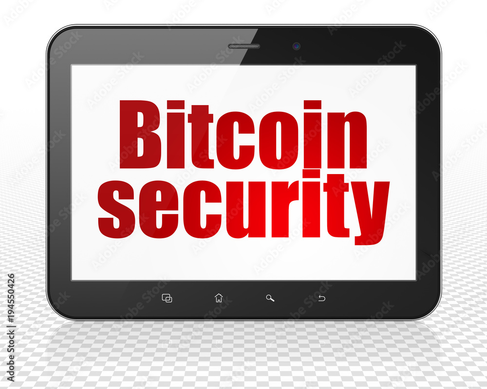 Cryptocurrency concept: Tablet Pc Computer with red text Bitcoin Security on display, 3D rendering Cryptocurrency concept: Tablet Pc Computer with red text Bitcoin Security on display, 3D rendering