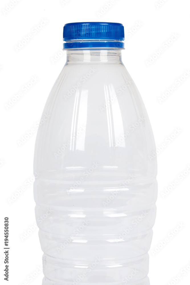 Empty transparent plastic bottle. Isolated on white background, Blue cap, conteiner template Empty transparent plastic bottle. Isolated on white background, Blue cap, conteiner template