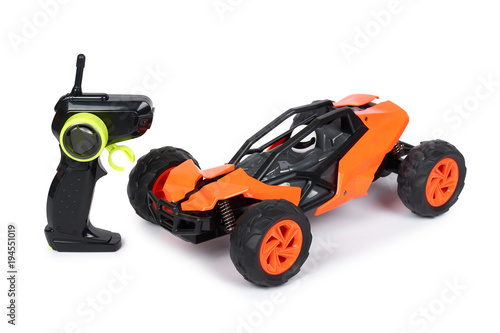 RC model rally, off road buggy with remote control. Isolated on white background, joy and fun sport