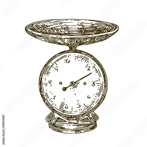 Scale for kitchen. Sketch. Engraving style. Vector illustration.