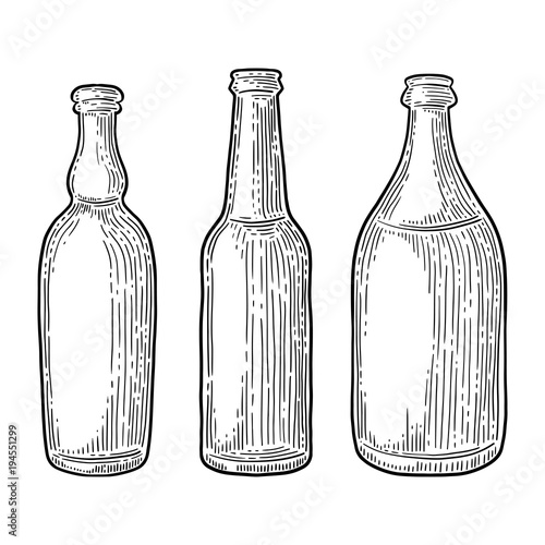 Set of beer bottles, engraving image, ink hand drawn style, isolated on white background. Sketch and doodle vector. Craft beverage design