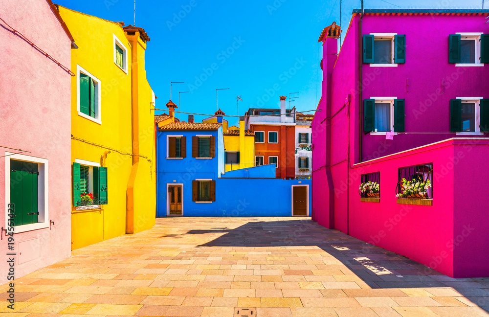 Venice landmark, Burano island square and colorful houses, Italy Venice landmark, Burano island square and colorful houses, Italy