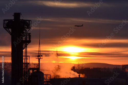 A sunrise at the factory. The photo was taken from the factory window, in the early morning, on a normal working day