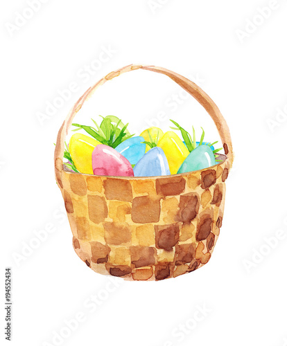 Watercolor hand drawn sketch illustration of Wicker basket with colorful Easter eggs isolated on white