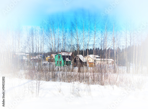 Russian winter village bokeh background