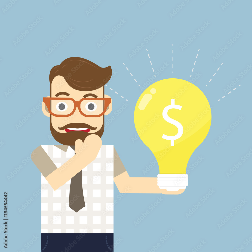 Smart business man standing and thinking lamp, idea or solution concept Smart business man standing and thinking lamp, idea or solution concept
