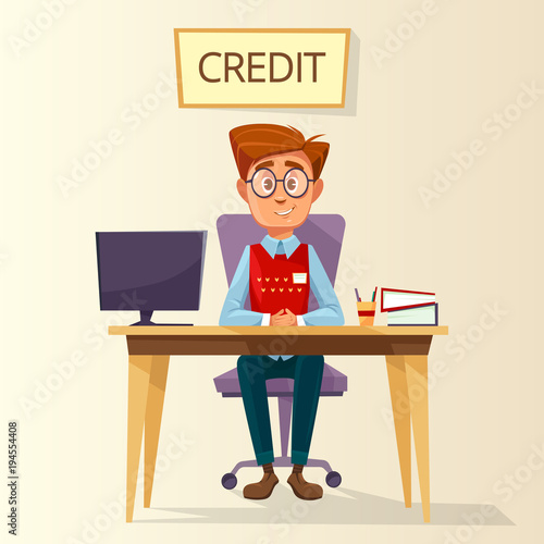 Vector cartoon manager, bank employee, clerk sitting at workplace in bank credit office. Young male business man character consultant providing mortgage money loan financial consultation