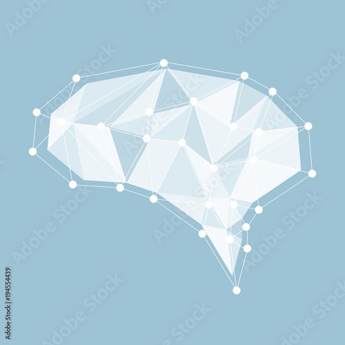 Abstract polygonal brain with glowing dots and lines, network connections. Vector illustration