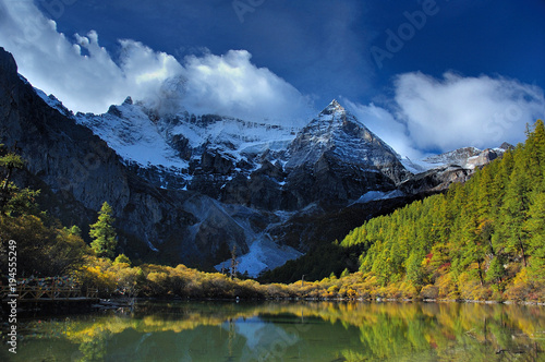 Swiss mountain landscape with lake.