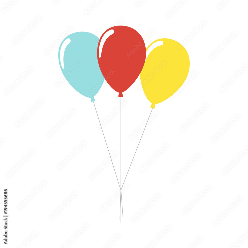 Balloons isolated icon on white background. Three colorful balloons. Decoration for holidays and birthday party. Flat style vector illustration.