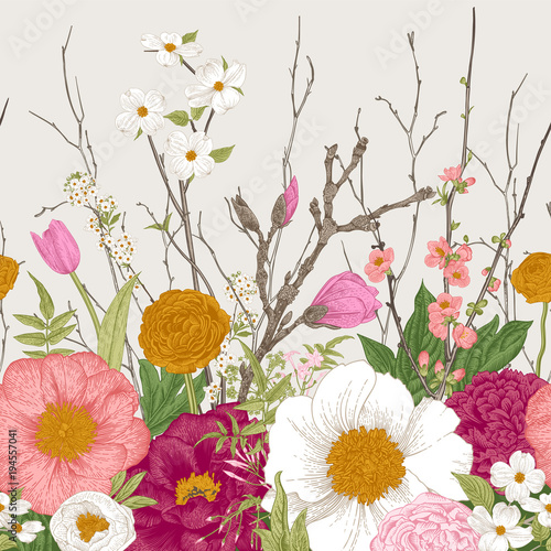 Seamless border. Spring Flowers and twig. Peonies, Spirea, Cherry Blossom, Dogwood. Vintage botanical illustration.