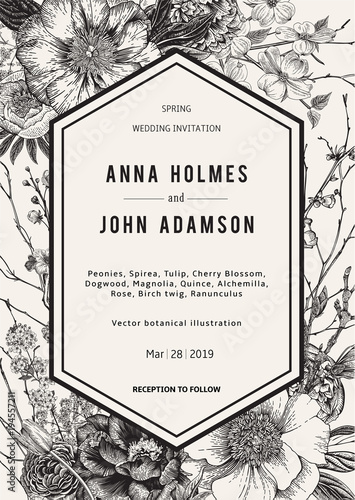 Wedding invitation. Spring Flowers and twig. Peonies, Spirea, Cherry Blossom, Dogwood. Vintage botanical illustration. Black and White