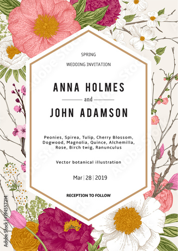 Wedding invitation. Spring Flowers and twig. Peonies, Spirea, Cherry Blossom, Dogwood. Vintage botanical illustration.