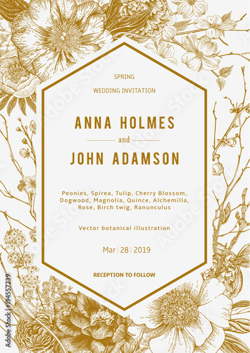 Wedding invitation. Spring Flowers and twig. Peonies, Spirea, Cherry Blossom, Dogwood. Vintage botanical illustration.