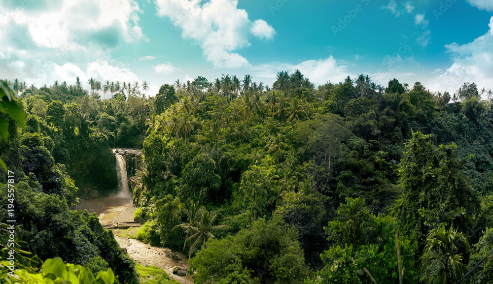 Fototapeta premium Waterfall panorama in amazonian tropical rain forest with big river in the middle of jungle