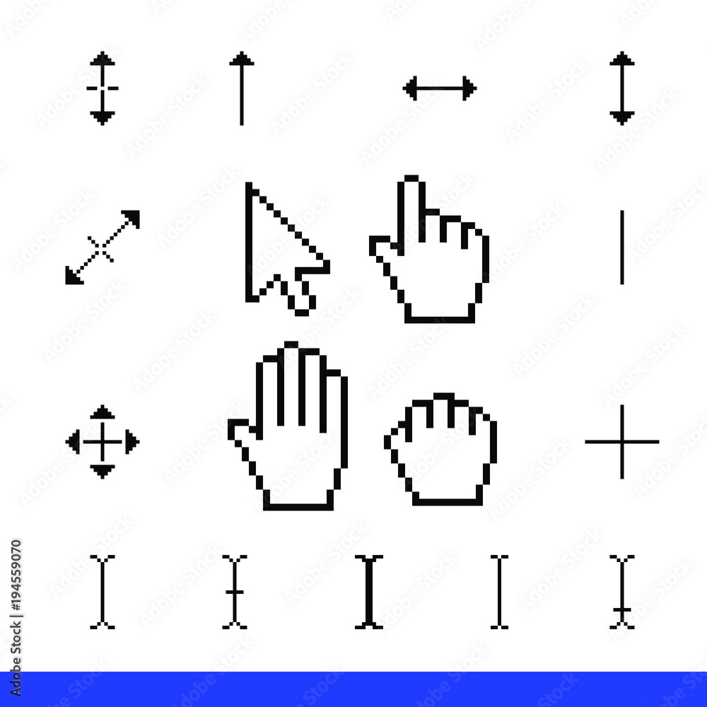 17 Classic pixel corsor icon set. Arrow, hand, drag hand, palm and support cursors icons  vector illustration