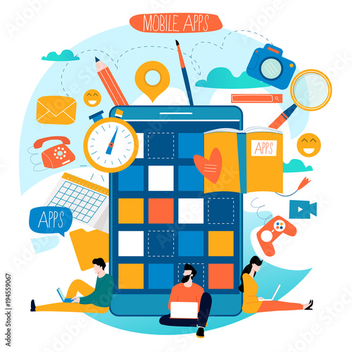 Mobile application development process flat vector illustration. Software API prototyping and testing background. Smartphone interface building process, mobile app building concept. Design studio