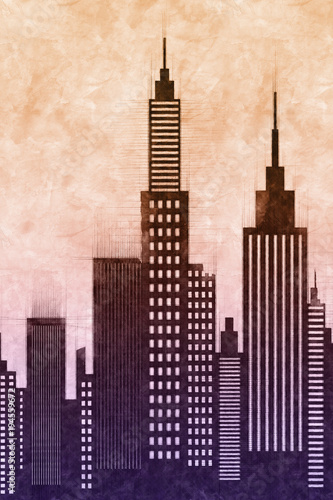 Modern American City Buildings And Skyscrapers At Sunset Illustration
