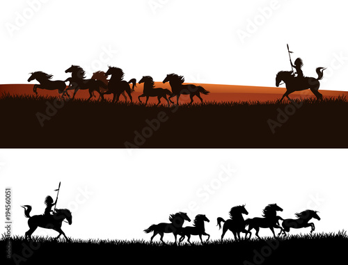 native american chief chasing herd of mustang horses - wild west vector silhouette design