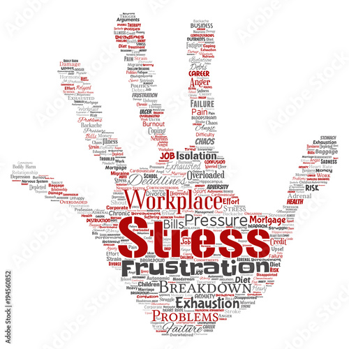 Vector conceptual mental stress at workplace or job pressure human hand print stamp word cloud isolated background. Collage of health, work, depression problem, exhaustion, breakdown, deadlines risk