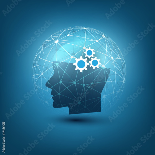 Machine Learning, Artificial Intelligence, Cloud Computing, Automated Support Assistance and Networks Design Concept with Wireframe Sphere and Human Head