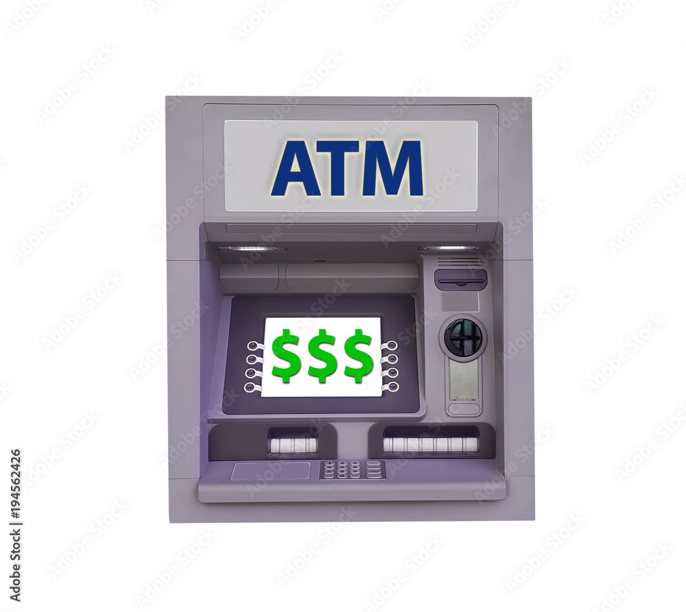 ATM for money withdrawal with dollar sign isolated on white background ATM for money withdrawal with dollar sign isolated on white background