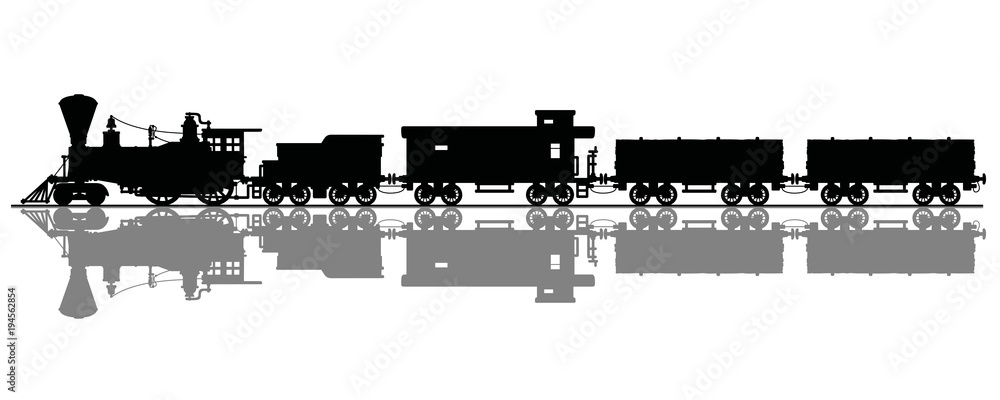 The black silhouette of a vintage american steam train