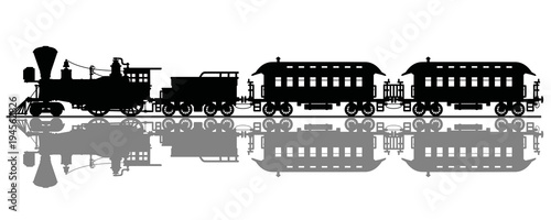 The black silhouette of a vintage american steam train