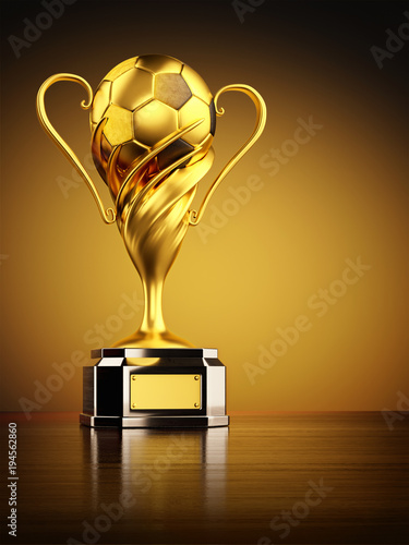 Gold trophy as championship award, football winner cup with golden soccer ball on yellow background