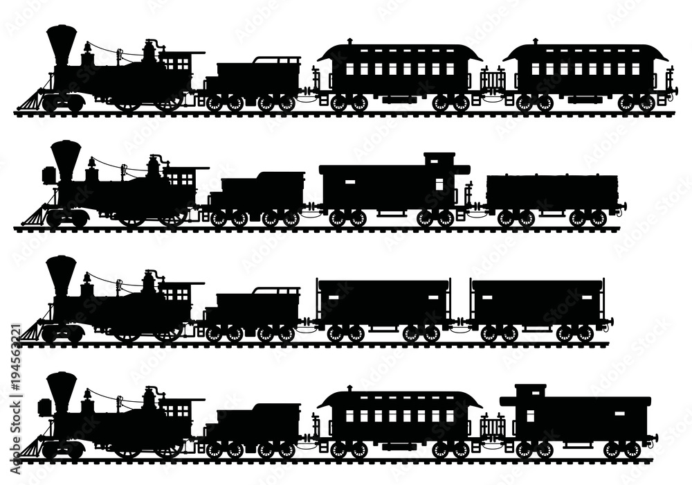 Black silhouettes of vintage american steam trains
