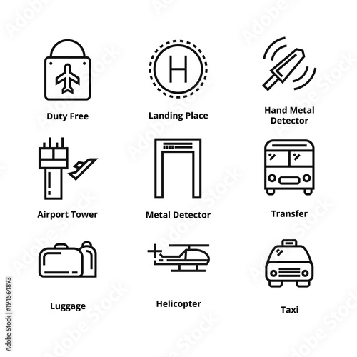 9 airport line icons.